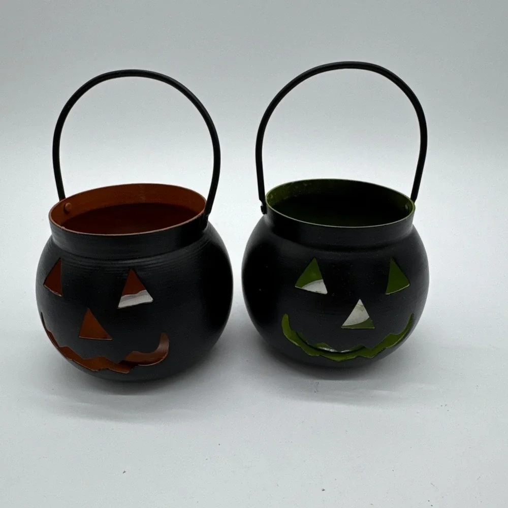 Metal Halloween Jack-O-Lantern Pumpkin Cauldron Handled Candle Votive Holders